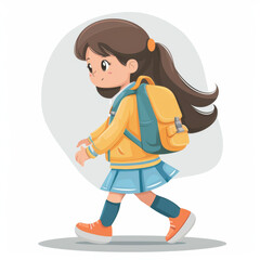 Illustration of a young girl with a ponytail and backpack walking happily to school.