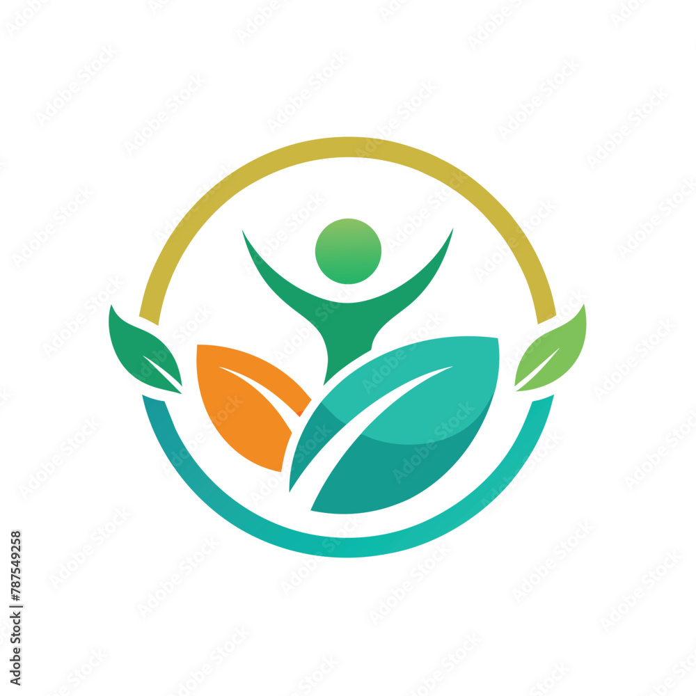 Poster a green leaf overlaps with a person standing inside a circle, creating a minimalist and modern compo