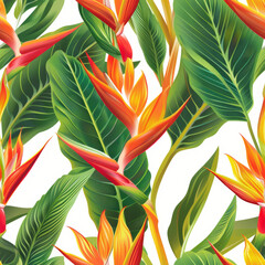 Lush illustration of vibrant Birds of Paradise flowers with detailed greenery, depicting tropical flora.