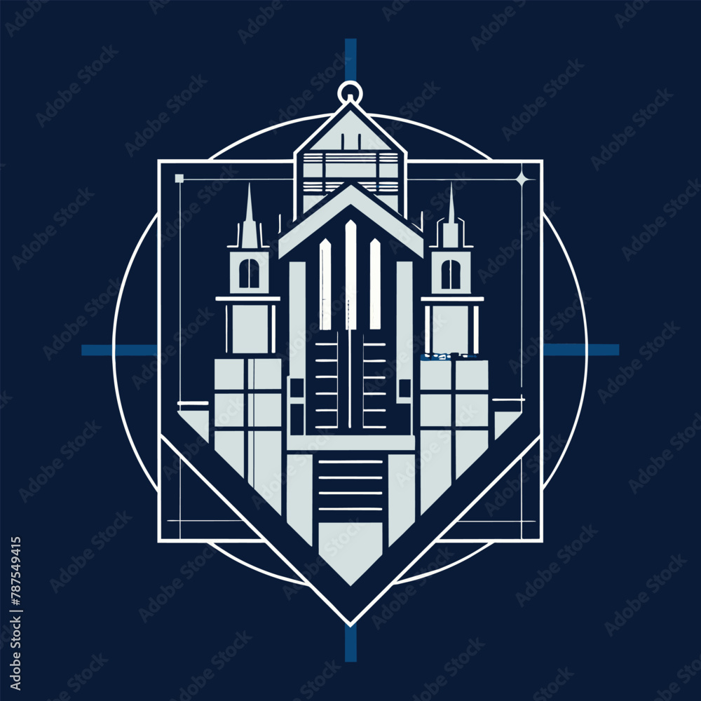 Poster blue and white building with visible blueprint on display, incorporate a blueprint or building plan 