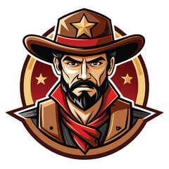 A man wearing a cowboy hat and scarf, exuding a rugged Western charm, Illustrated Wild West Cowboy Logo