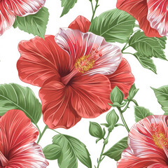 Seamless pattern of red flowers and green leaves, perfect for fabric or wallpaper design.