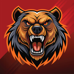 Illustration of an intense, angry bear head against a vibrant red background, Intense Angry Bear Head Logo, Striking Illustration