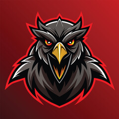 A black eagle with red eyes standing boldly against a vibrant red background, Intimidating Scary Crow Logo Mascot, Striking Vector
