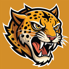 Fototapeta premium A close-up view of a leopards face with its mouth wide open, showcasing its teeth and powerful jaws, Jaguar Logo Mascot, Striking Vector Illustration