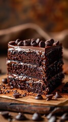 A piece of a chocolate cake with some frosting on top, AI