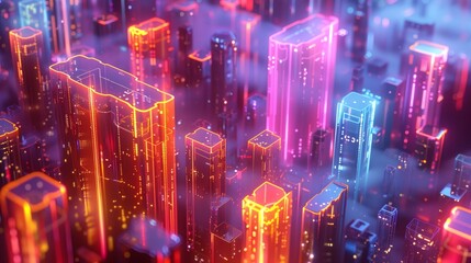 Futuristic cityscape with neon holographic 3D buildings at night