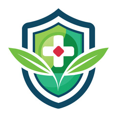 A shield with a cross and leaf design, representing healthcare or medical industry branding, Medicine Logo Template Design Vector