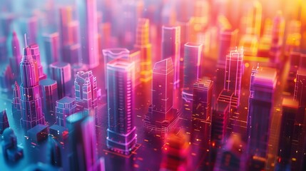 Futuristic cityscape with glowing holographic 3D buildings