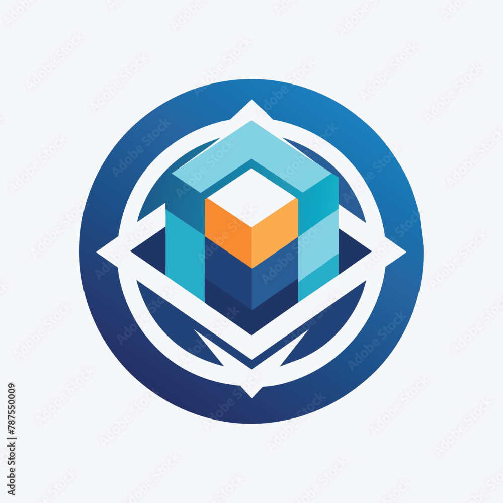Poster minimalistic logo design featuring a blue and orange color scheme with a prominent arrow symbol, min