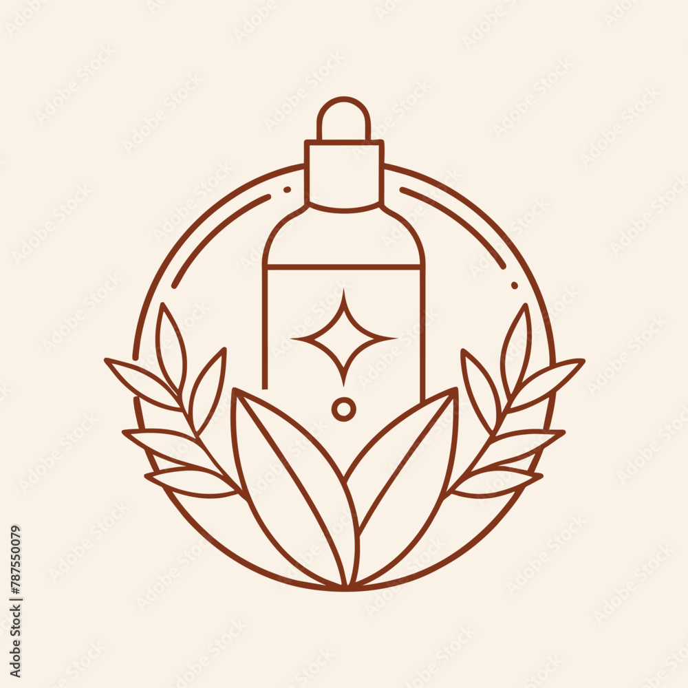 Canvas Prints A bottle filled with liquid surrounded by green leaves, A minimalist logo featuring a single line drawing of a leaf