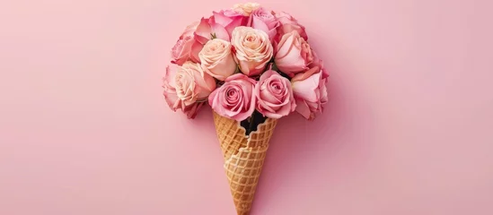 Foto auf Alu-Dibond Flat lay view of a waffle cone filled with a bouquet of roses against a pink background © Vusal