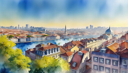 A vibrant cityscape with diverse architecture and a calm river, under a clear sky - obrazy, fototapety, plakaty