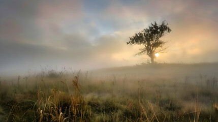 A dense fog engulfing a hillside meadow at dawn, panoramic stitch to capture the expansive view and muted tones