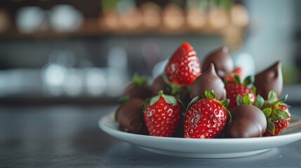 A plate of a white bowl filled with chocolate covered strawberries, AI