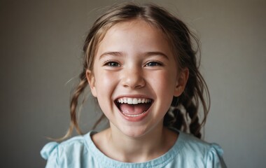 A young blond girl with a big smile and mouth open, happy and having fun