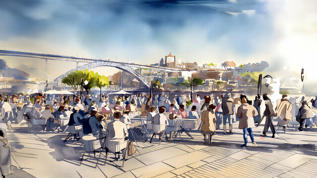 Vibrant scene at an outdoor café with people socializing, a bridge, and buildings under a blue sky