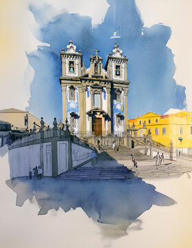 Watercolor painting of a grand church, with people walking under a blue sky