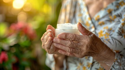 An older woman holding a jar of lotion in her hands, AI