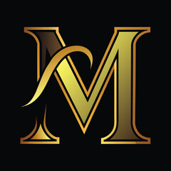 A shiny gold letter M stands out against a stark black background in a sleek and minimalistic design, M letter Gold liner logo design