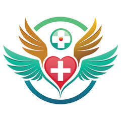 A modern health care logo featuring a heart with wings and a cross on it, Modern Health Care Medical Logo