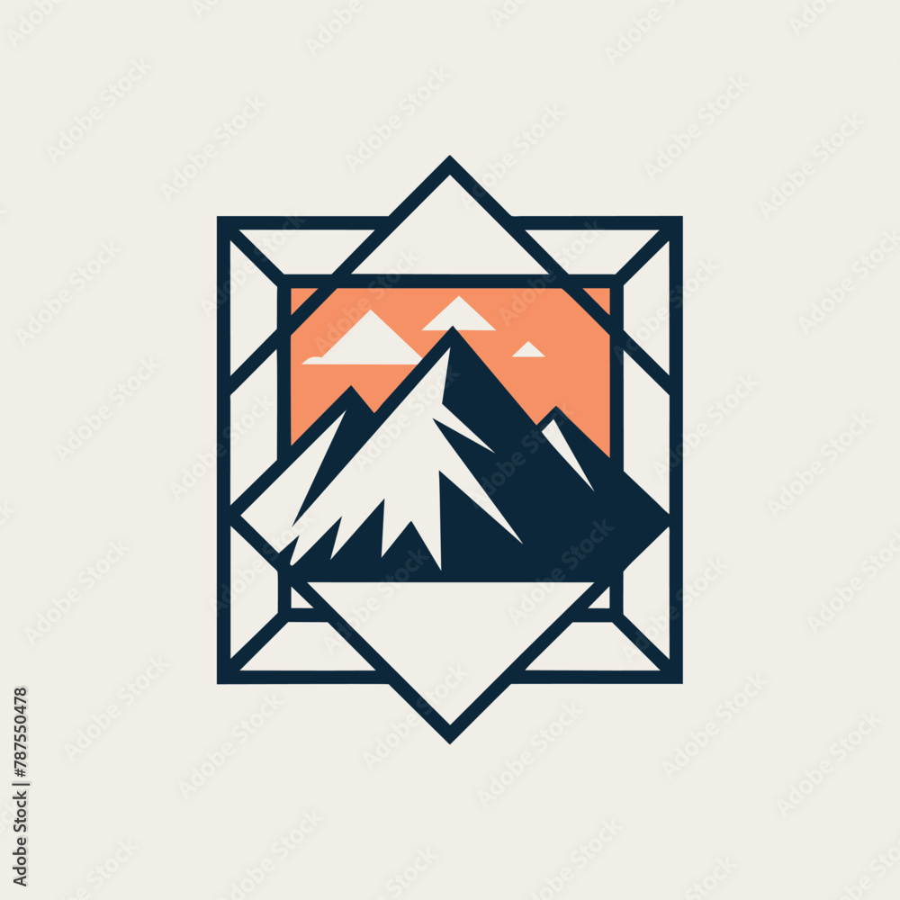 Poster a logo design featuring a mountain enclosed within a geometric frame, creating a distinctive icon wi