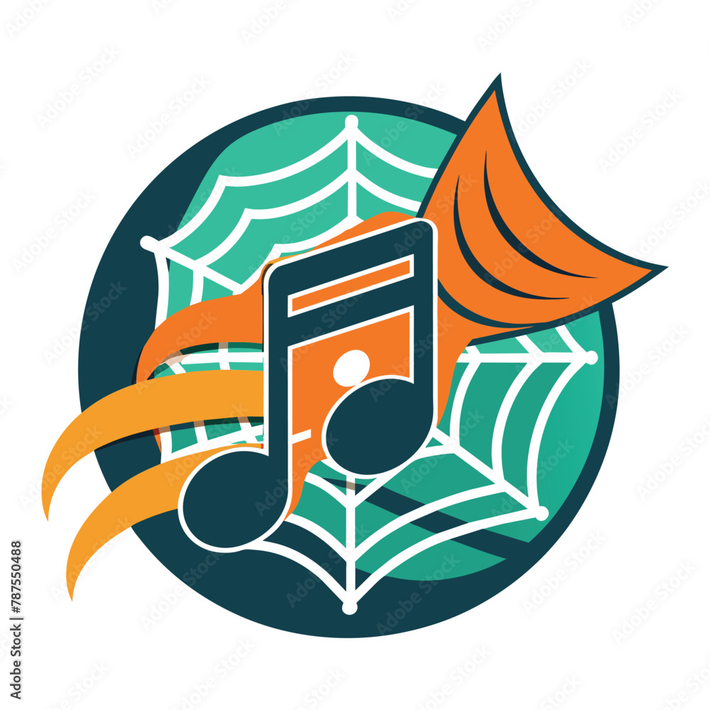 Poster a music note intersecting with a spider web, set against a white background, music logo design note 