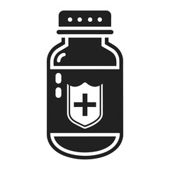 Obraz premium A monochromatic pill bottle featuring a cross design on the label, Monochromatic design of a pill bottle with subtle medical symbols
