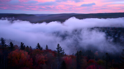 A dense fog rolling over a serene forest at dawn, captured with a high dynamic range to emphasize the subtle light variations
