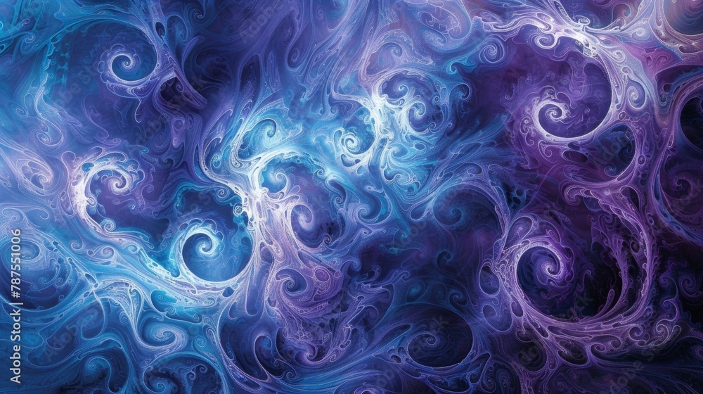 Poster layers of intricate swirls and loops in different shades of blue and purple merge together creating 