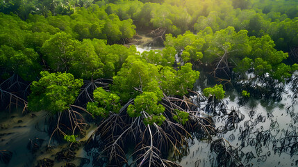A dense mangrove forest, aerial photography to show the complex network of roots and water channels
