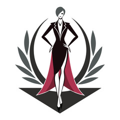 A woman wearing a black dress and a red cape, Sleek and sophisticated branding for a fashion show event