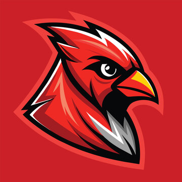 A sleek cardinal bird stands out against a vibrant red background in this striking image, Sleek Cardinal Mascot Logo