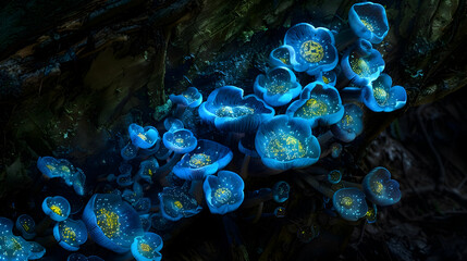 A dense patch of bioluminescent mushrooms in a dark forest, low-light photography to capture the eerie glow and intricate details of the fungi