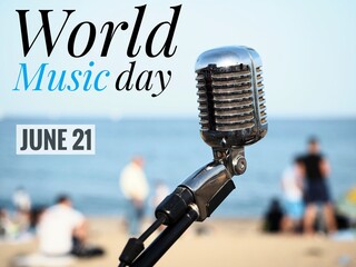 World music day June 21 background with a vintage microphone and text	