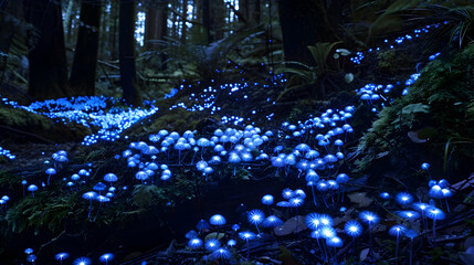 A dense patch of bioluminescent mushrooms in a dark forest, low-light photography to capture the eerie glow and intricate details of the fungi