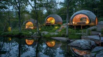 Let the soothing sounds of nature lull you to sleep in these eco escape sleep domes designed to give you an unforgettable and environmentallyconscious experience. 2d flat cartoon.