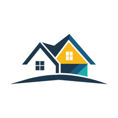A house featuring a blue roof and yellow windows against a clear sky, Real Estate Vector Logo Design