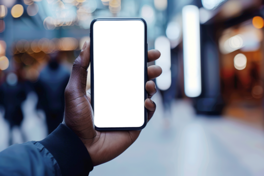 Closeup of black hand holding smartphone with blank transparent screen in modern shopping mall. Shopping or business smartphone mockup for sale or design app
