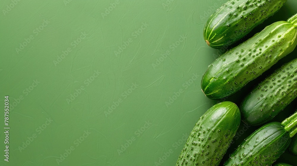 Poster close up view of fresh cucumbers on a green background with room for text