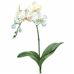 A delicate and elegant orchid plant with white blooming flowers and lush green leaves, beautifully illustrated.