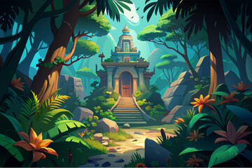 Mystical temple hidden in a lush jungle Illustration - obrazy, fototapety, plakaty