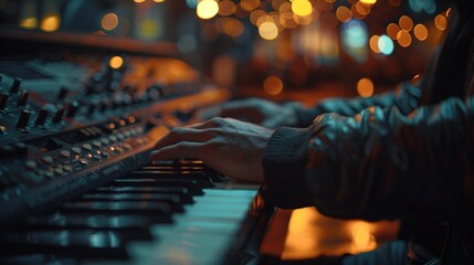 A person playing a keyboard with lights behind them, AI - Powered by Adobe