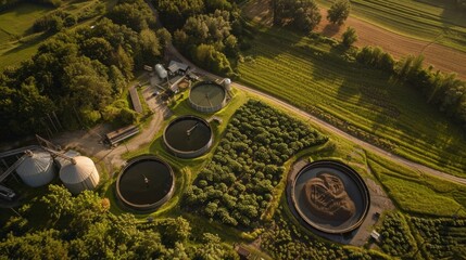 An aerial view of a rural area shows multiple biogas digesters installed on various farms. These digesters are used to break down organic waste and produce biogas a form of biofuel. .