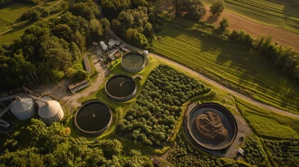Foto op Canvas An aerial view of a rural area shows multiple biogas digesters installed on various farms. These digesters are used to break down organic waste and produce biogas a form of biofuel. . © Justlight