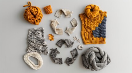  different knitted items with recycling symbol,  sustainable production, emphasizing recycled materials used for wool or other fibers.