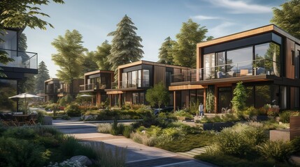 Fototapeta premium A photo of Contemporary Co-housing Design in a natural setting