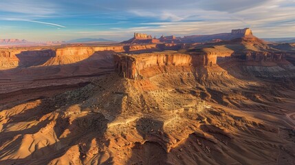 A desert vista spreads out before you with a stunning sunrise casting shadows and highlighting every ridge and crevice of the rugged terrain. 2d flat cartoon.