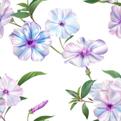 Fototapeta premium Seamless pattern featuring blue and pink flowers with lush green leaves on a white background.