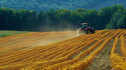 A tractor plows through a field of bright yellow seed plants churning up the rich soil that will nourish the crops and promote their growth. In the distance a dense forest stands tall .